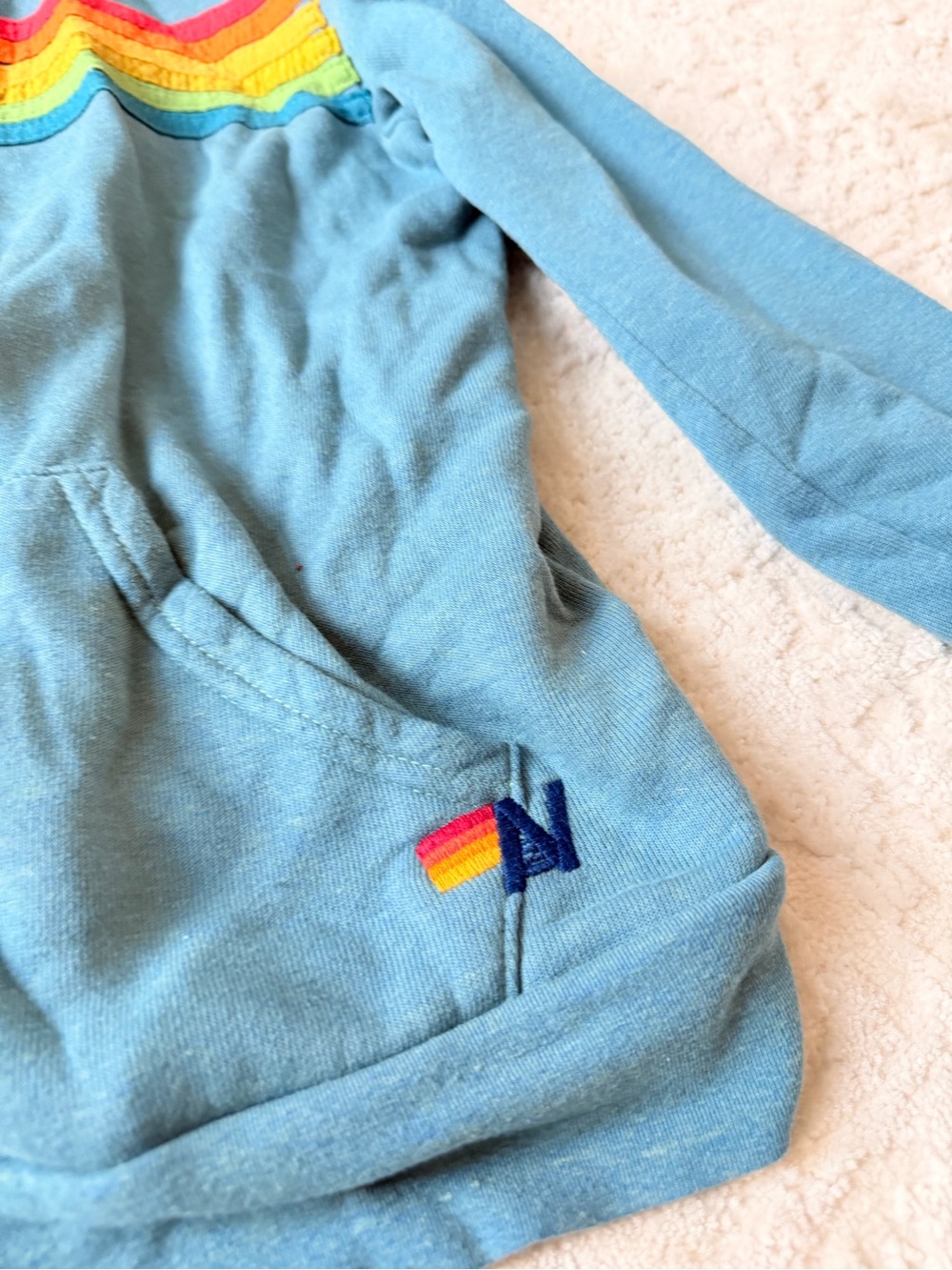Aviator Nation Light Blue Zip Hoodie with Rainbow Chest Stripes - Picture 4 of 6